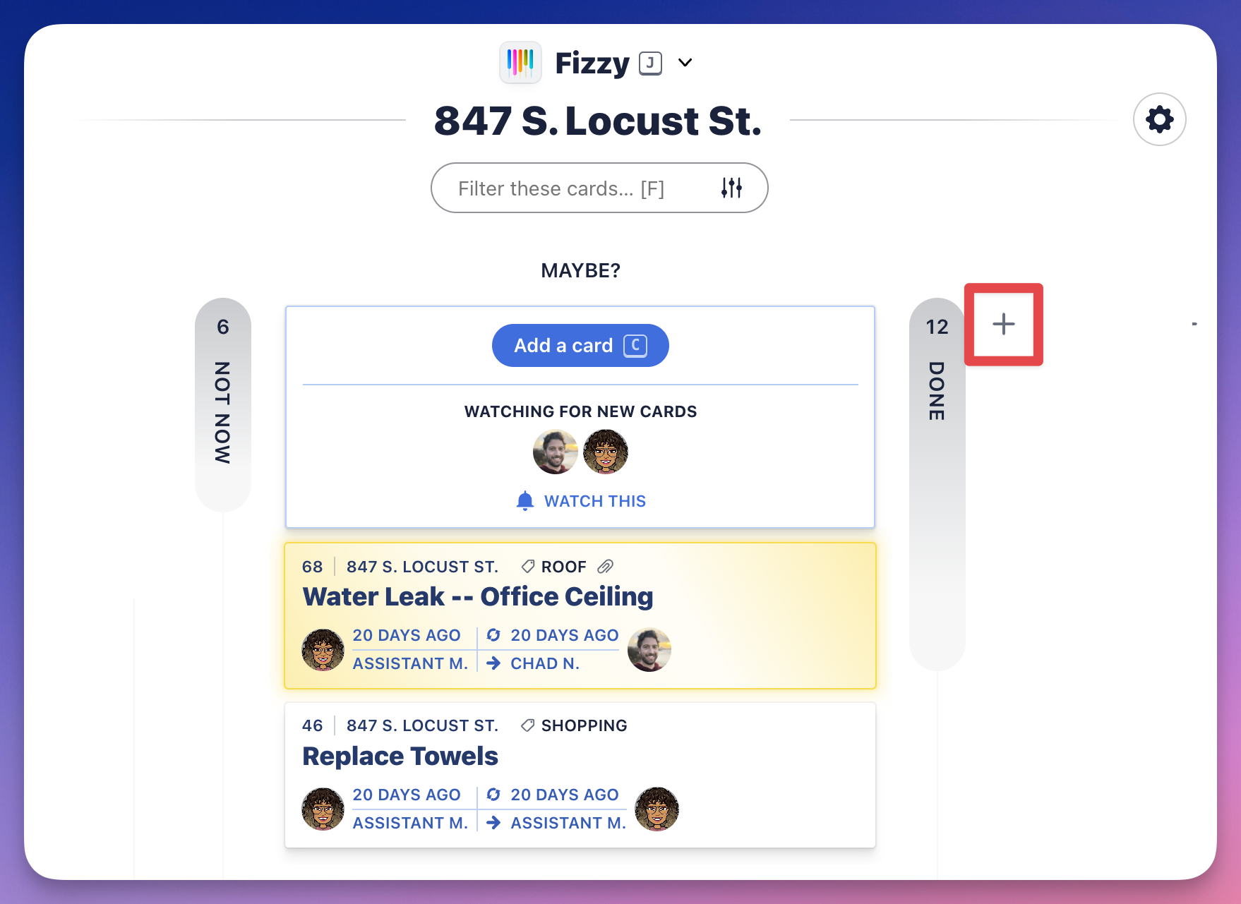 Screenshot of a Fizzy board with 3 columns with the plu icon outlined in red.