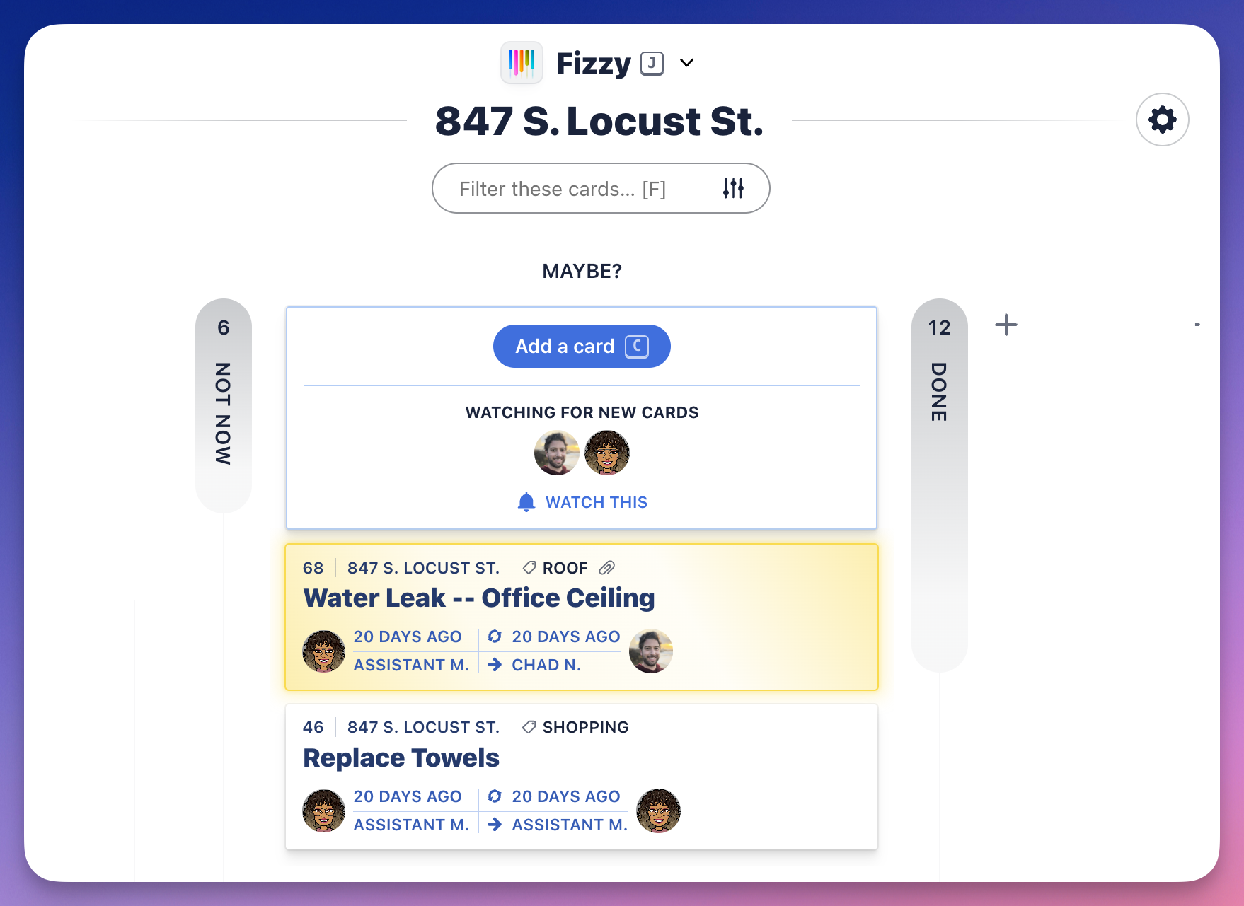 Screenshot of a Fizzy board with 3 columns. The MAYBE? column is expanded while NOT NOW and DONE columns are collapsed.