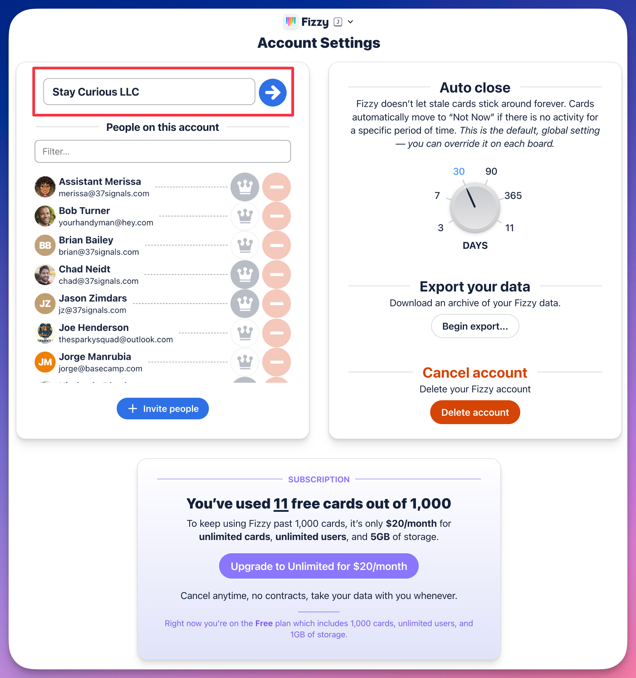 Screenshot of Fizzy account settings with the account name outlined in a red box.