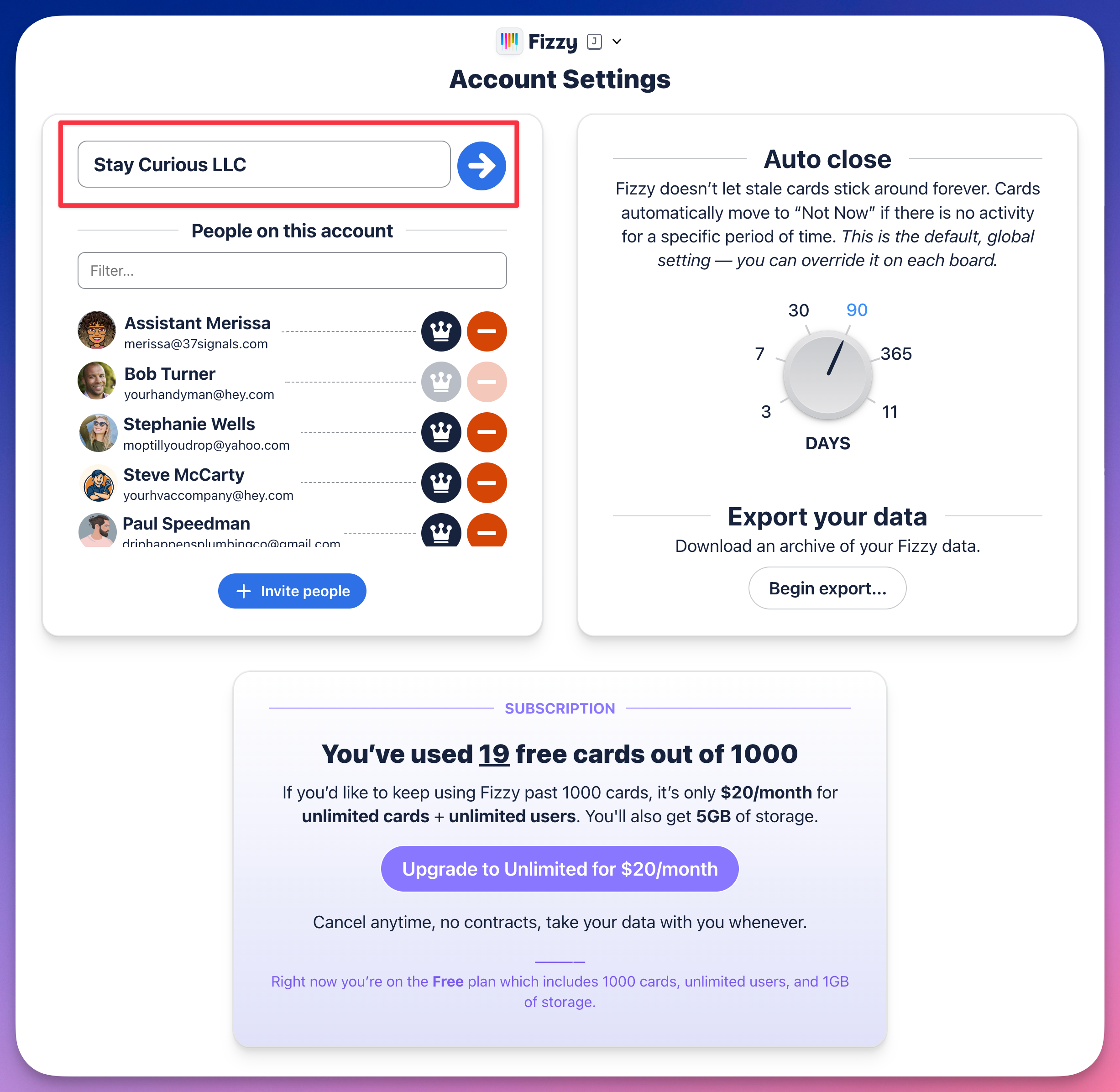 Screenshot of Fizzy account settings