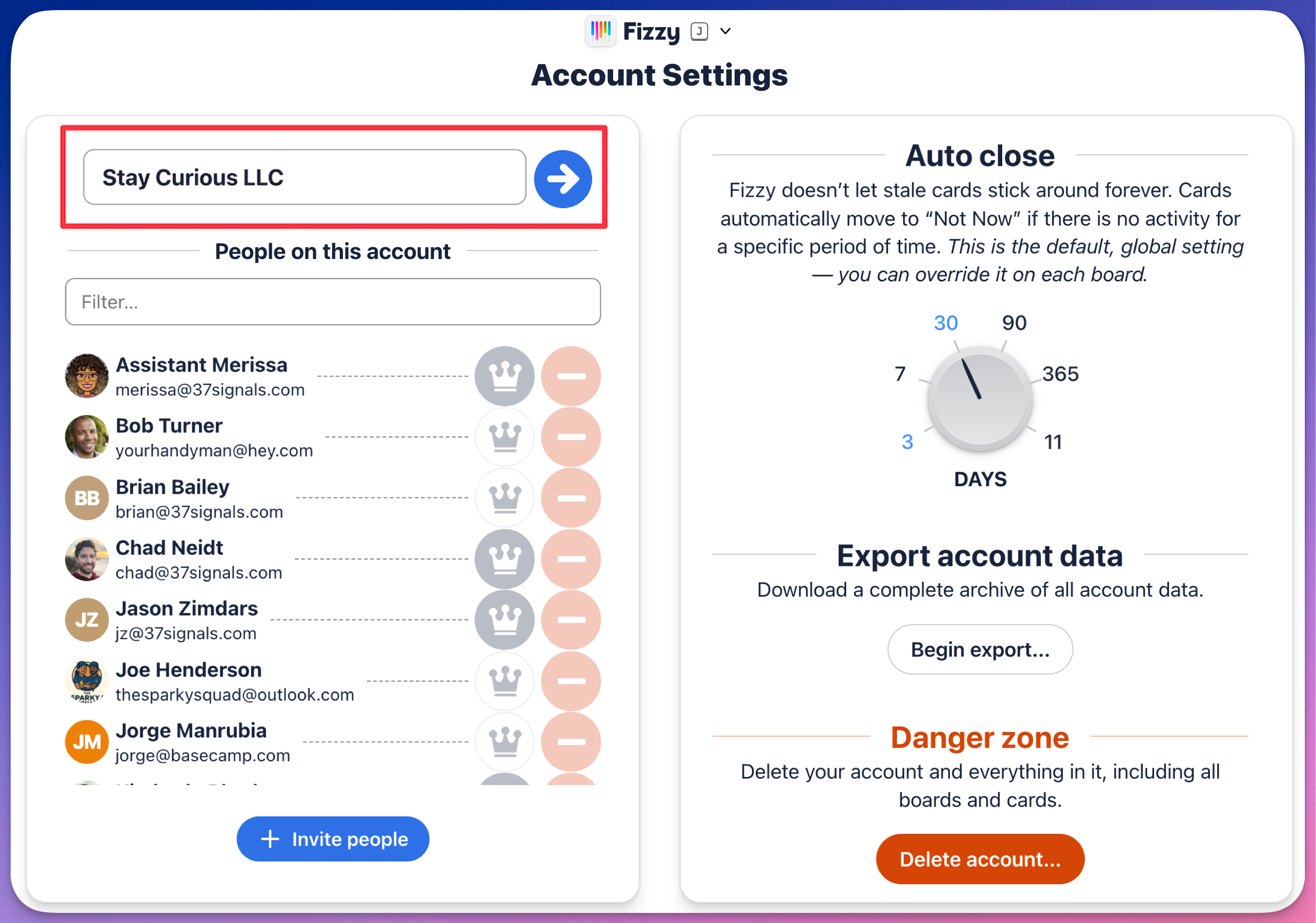 Screenshot of Fizzy account settings with the account name outlined in a red box.