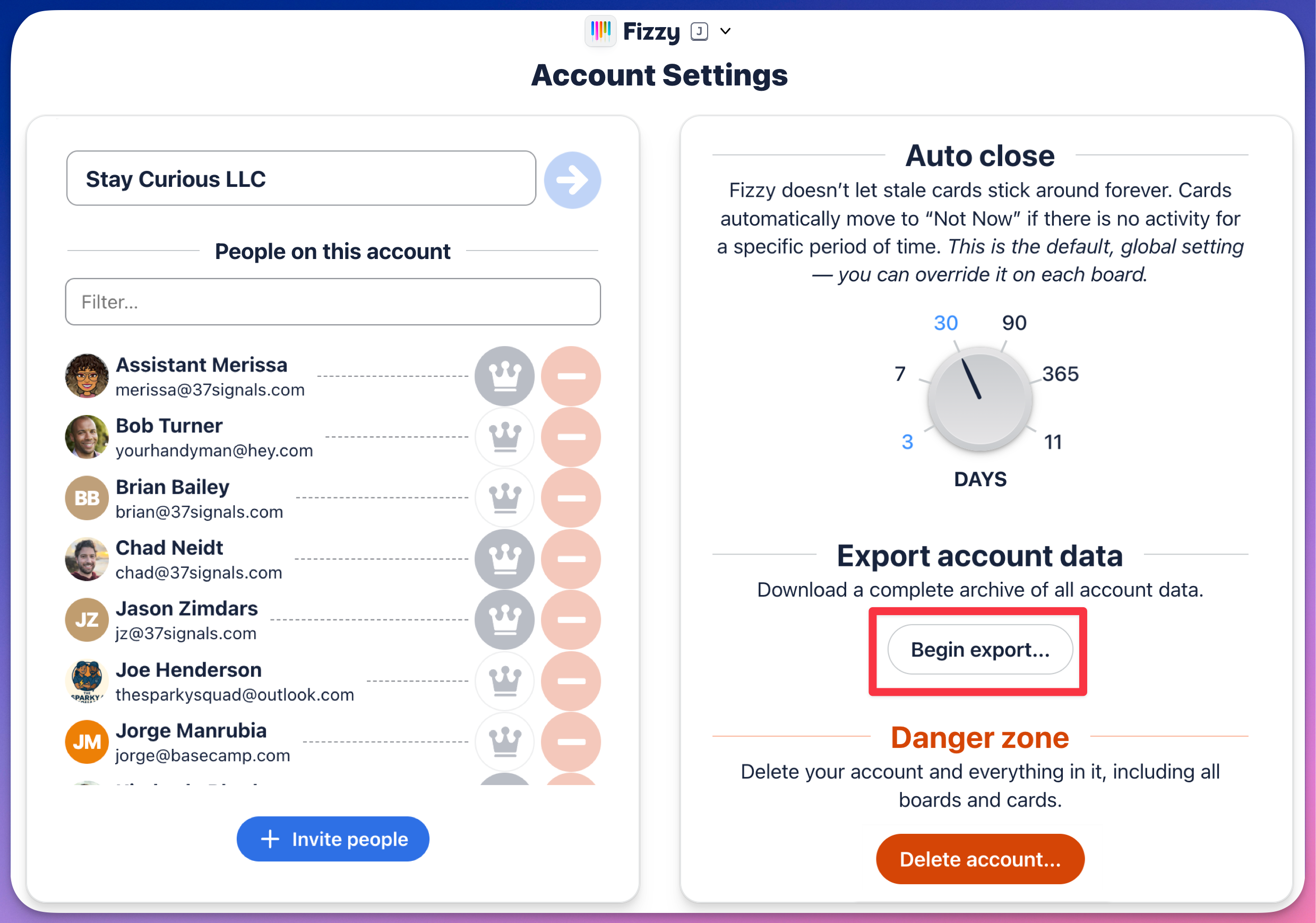 Fizzy account settings with Begin export button outlined in a red box.