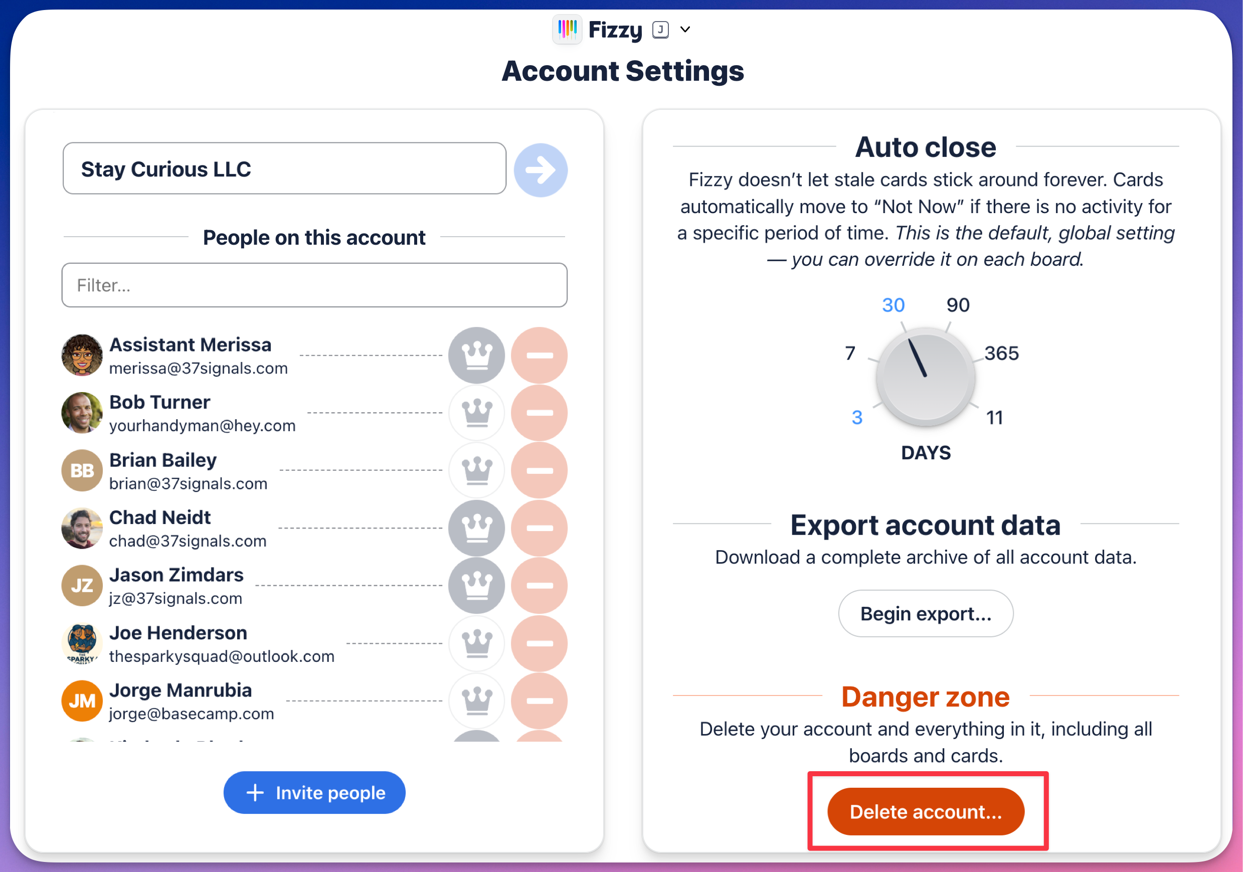 Fizzy account settings with delete account button outlined in red.