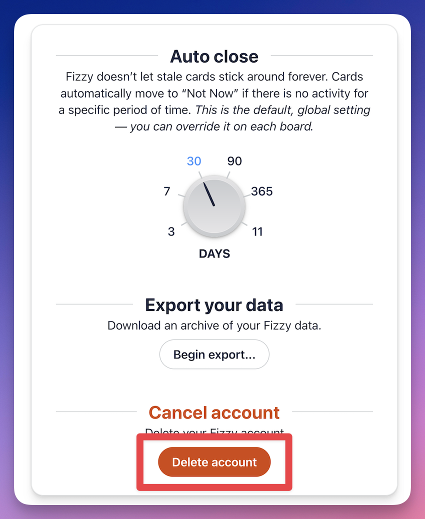 Fizzy account settings with delete account button outlined in red.