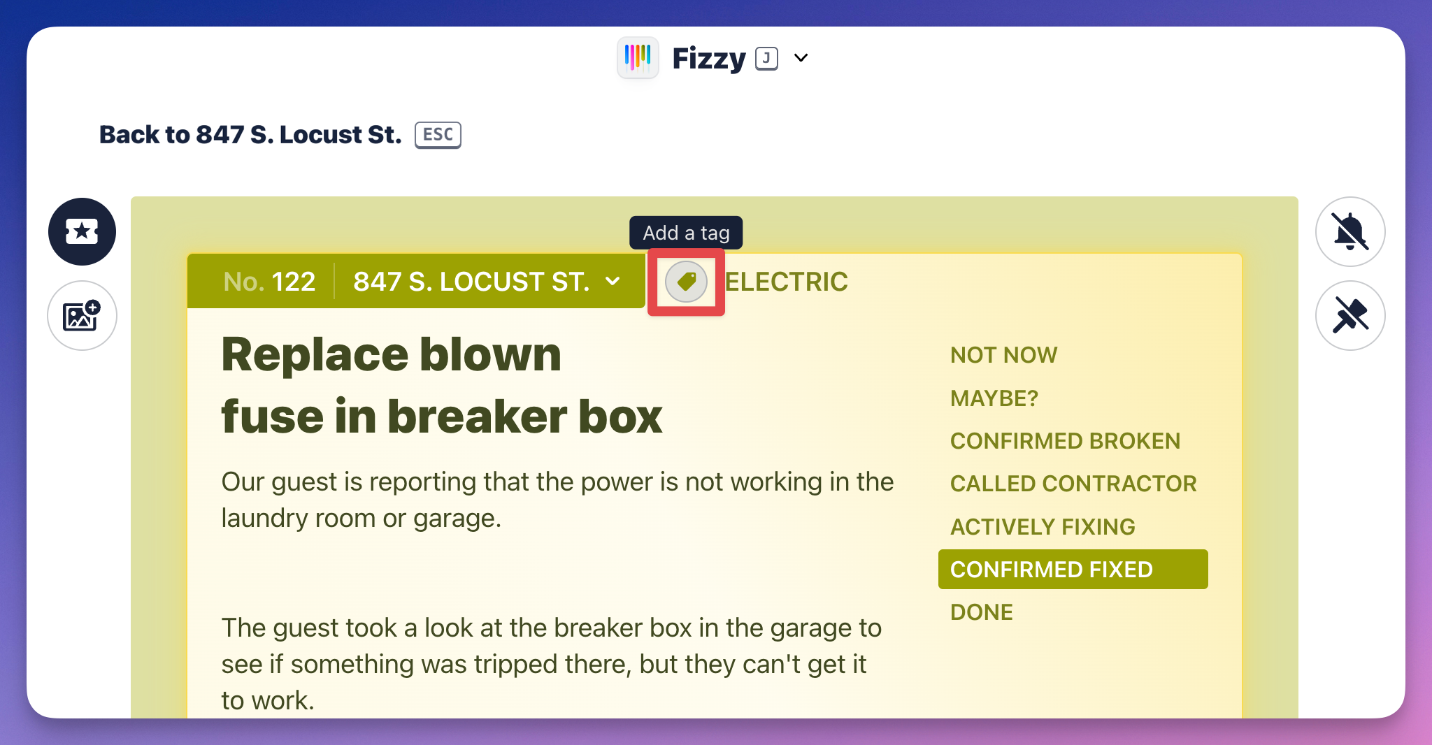 Screenshot of a Fizzy card with the Add a tag button outlined in red.