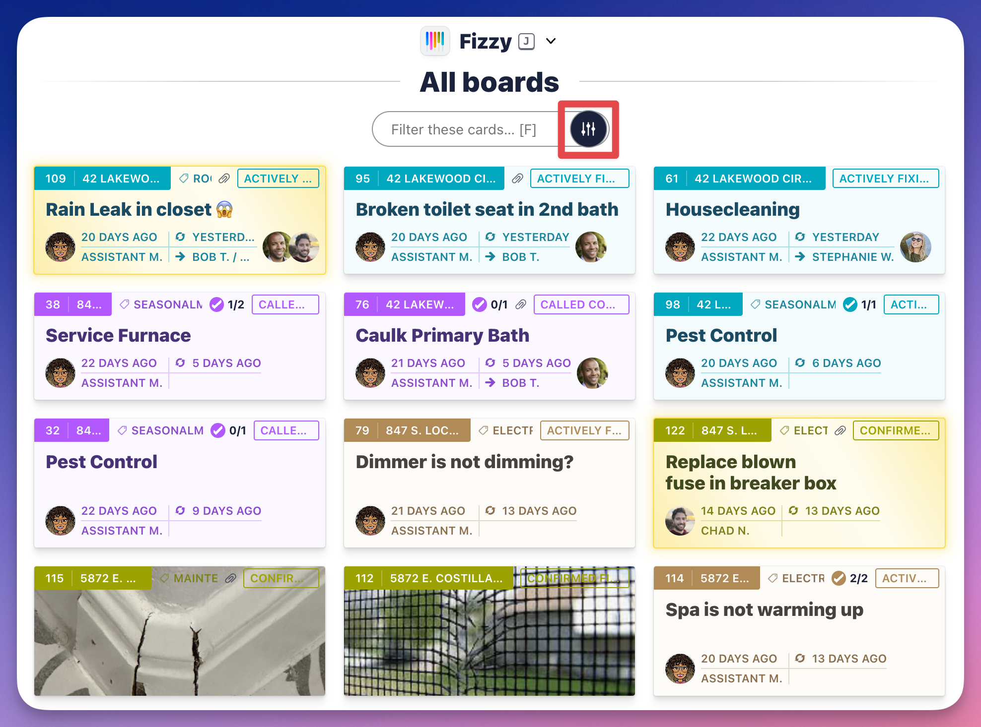 Screenshot of the all boards screen with filter icon outlined in red.