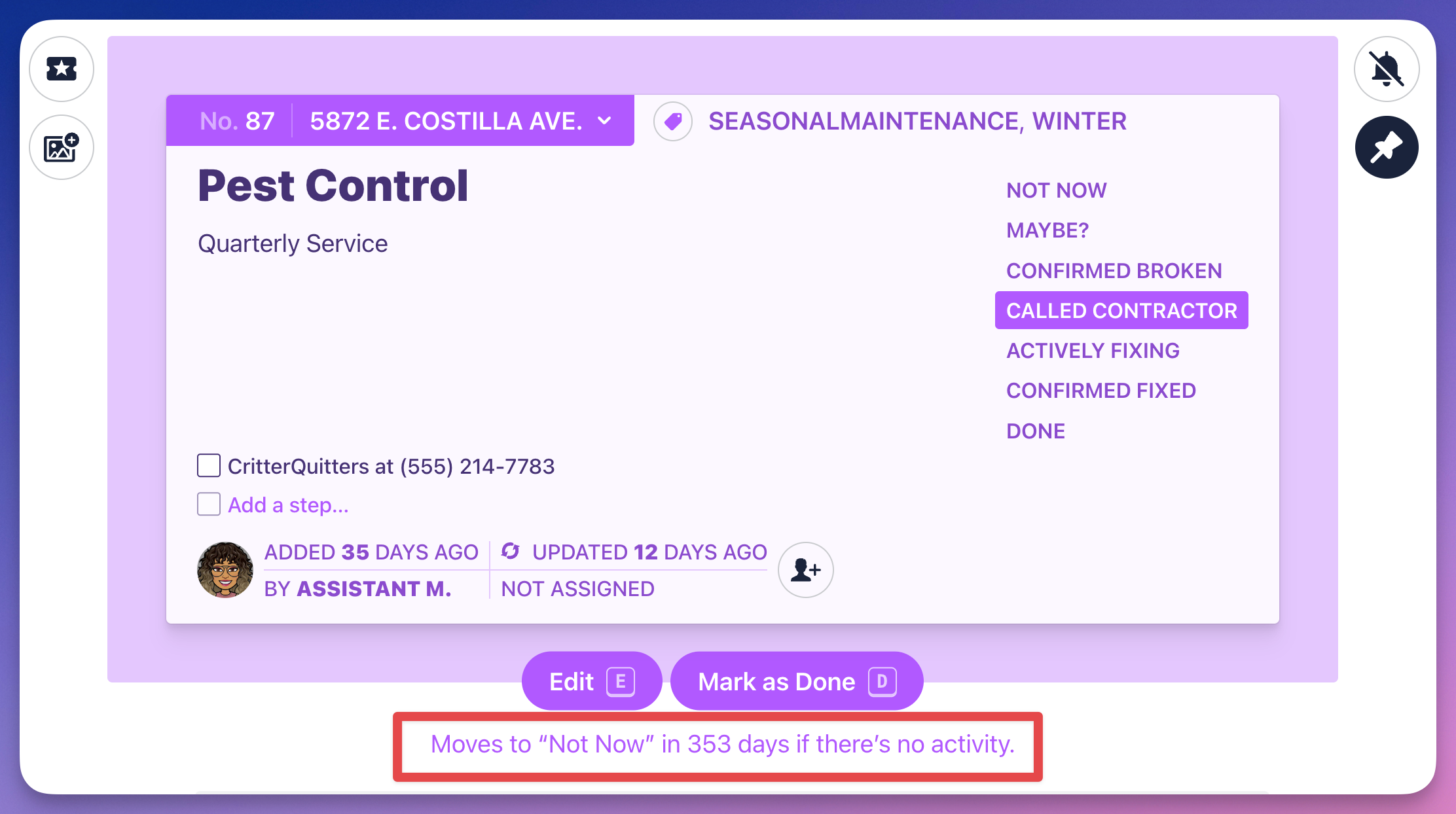 Screenshot of a card with the Moves to "Not Now" in 353 days if there's no activity auto close setting outlined in red.