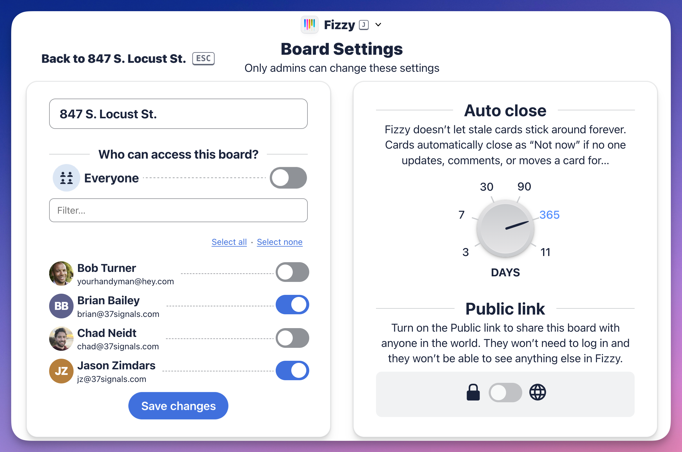 Screenshot of the admin view Fizzy board settings.