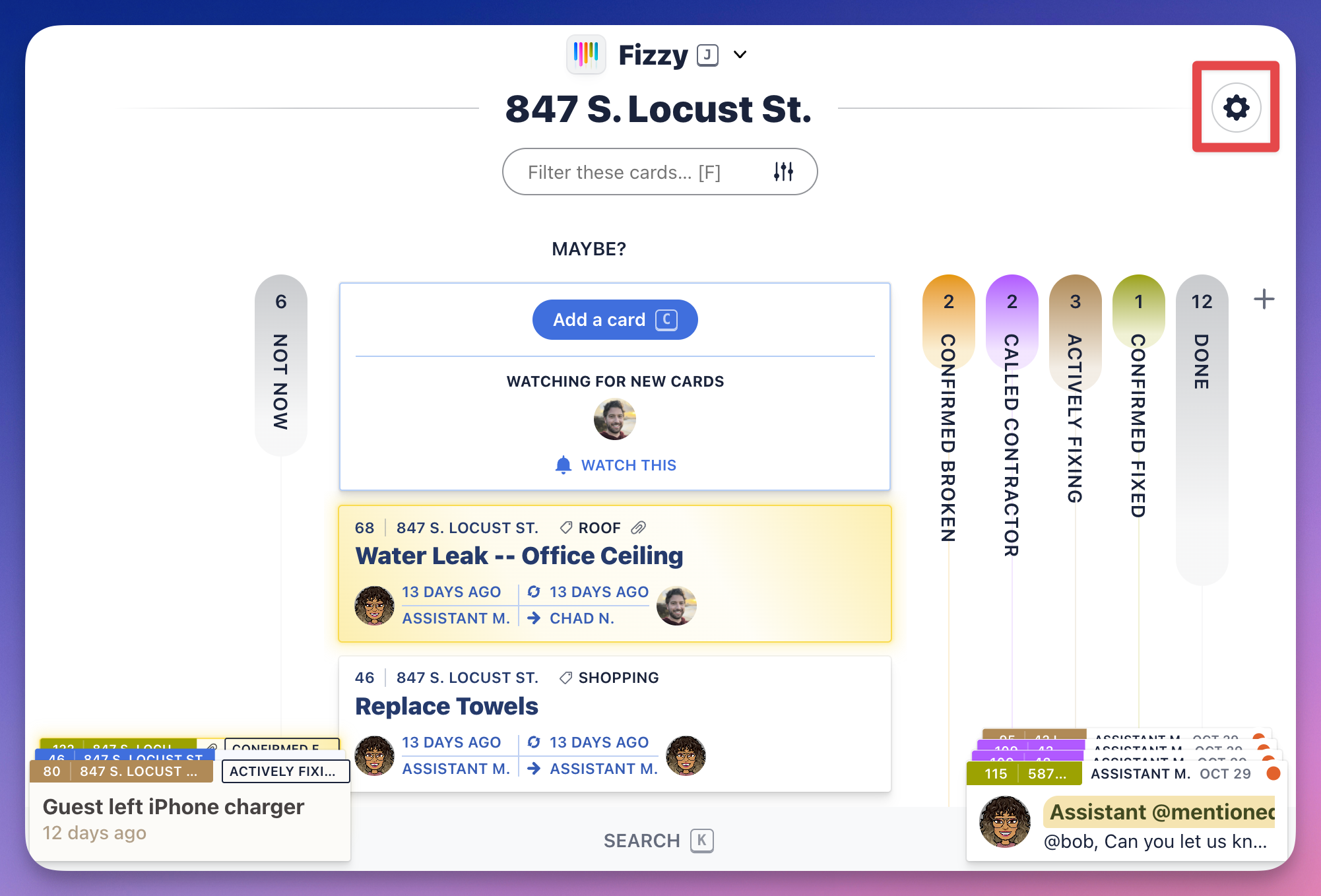 Screenshot of a Fizzy board with the gear icon outlined in red.