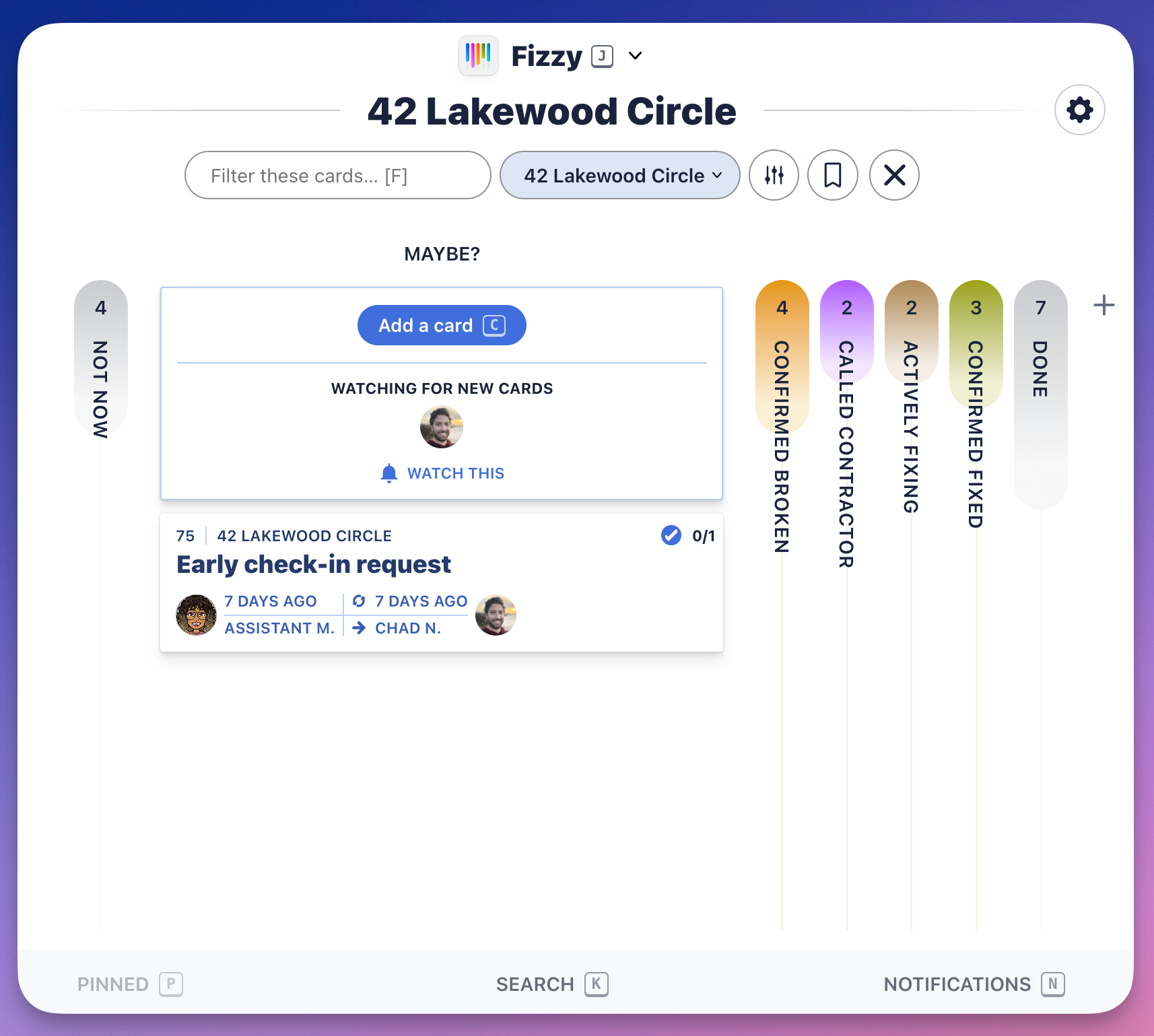 Screenshot of a Fizzy Board with the MAYBE? column expanded. All other columns are collapsed.