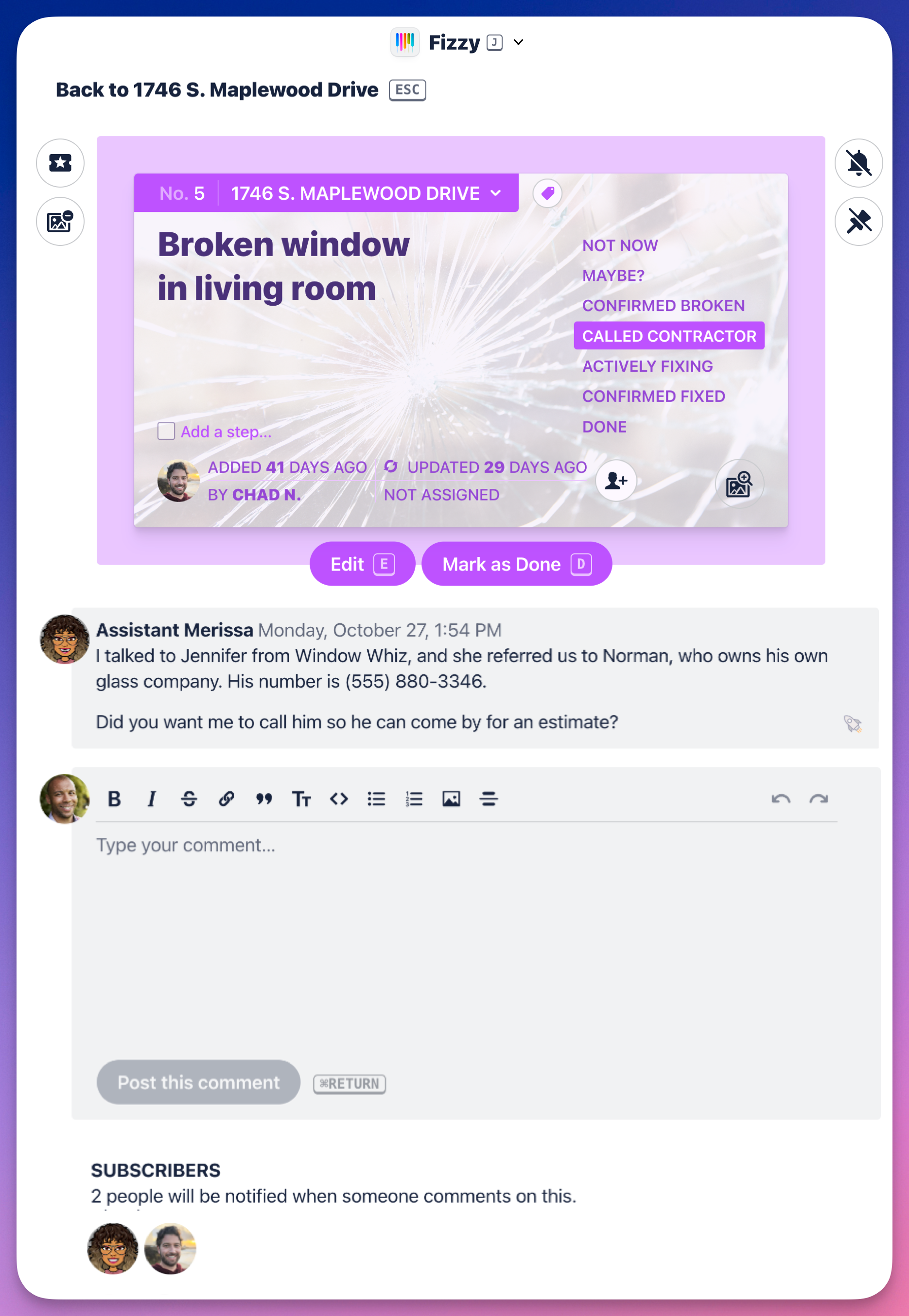 Screenshot of a Fizzy card with the comment section in view showing a post by Assistant Merissa.