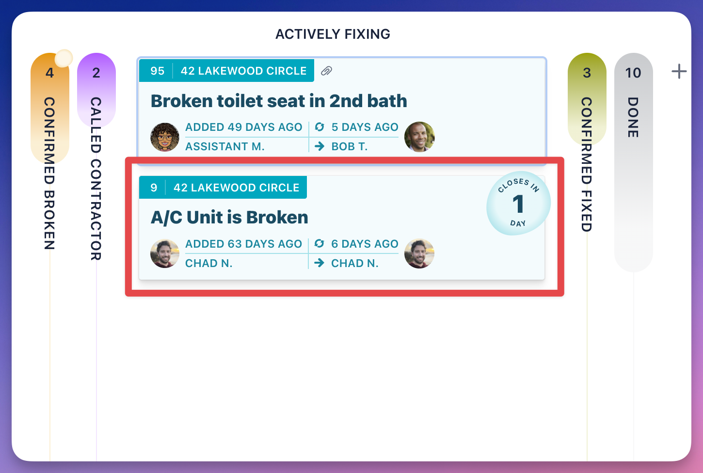 Screenshot of an expanded column with a stale card outlined in a red box.