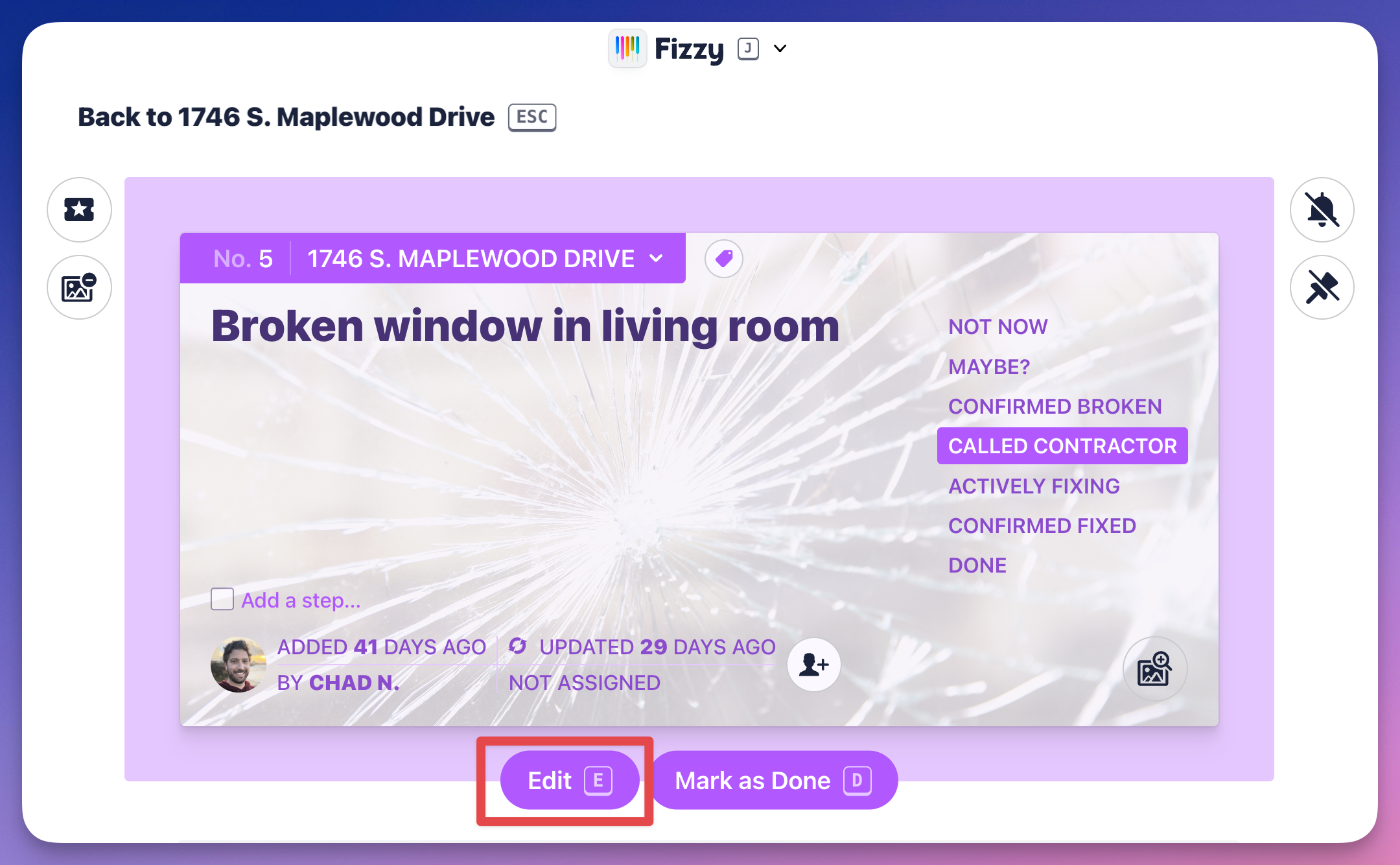 Screenshot of a Fizzy card with the Edit button outlined in red.