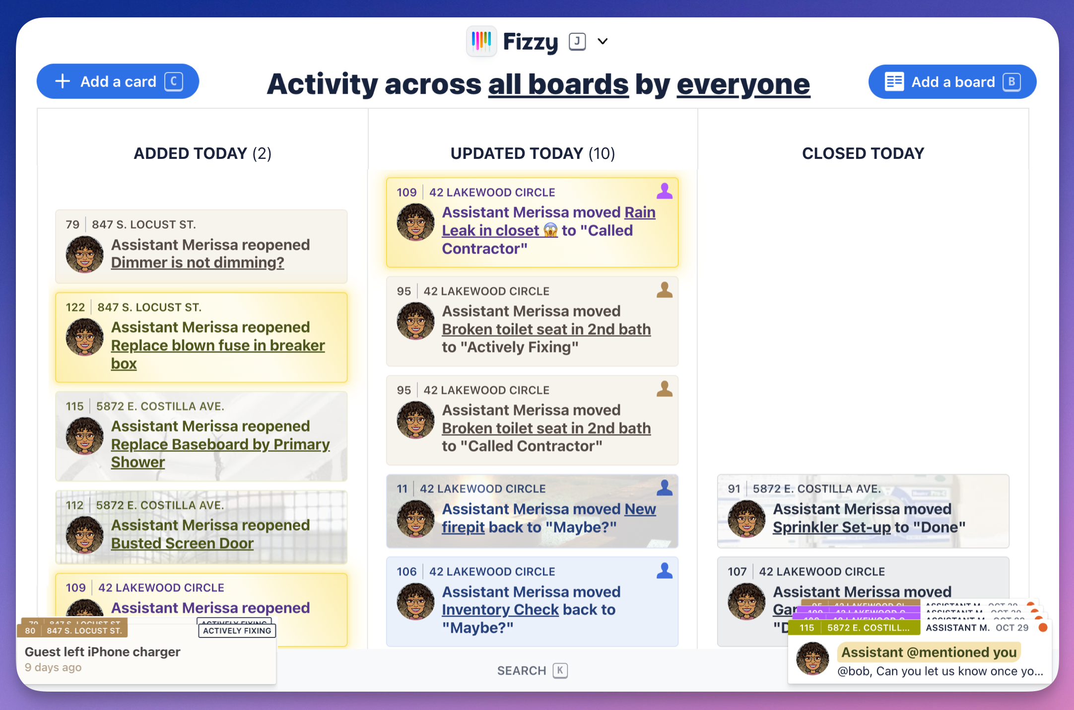 Screenshot of a user's Fizzy Home page. There are three columns showing what was added, updated, and closed today. There are pinned cards and notifications stacked on the left and right corners of the bottom navigation bar.