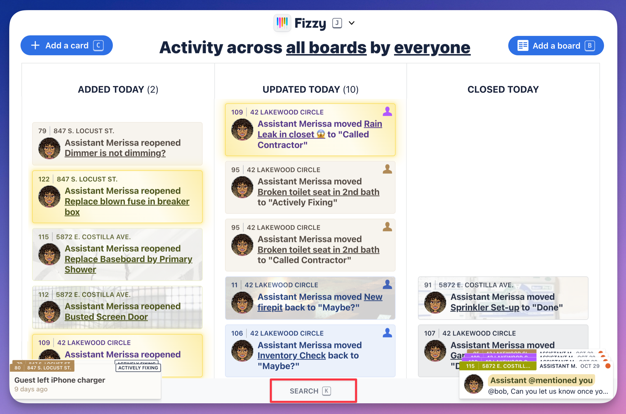 Screenshot of a user's Fizzy Home page. There are three columns showing what was added, updated, and closed today. The Search option on the bottom navigation bar is outlined in red.