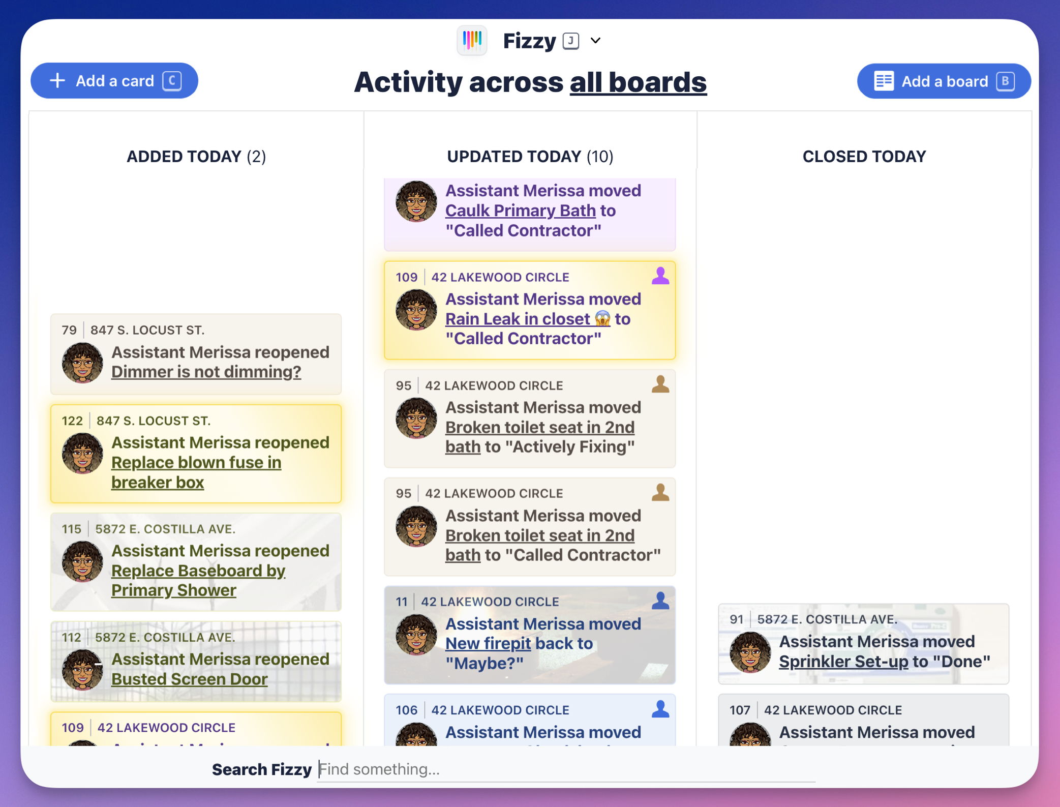 Screenshot of a user's Fizzy Home page. There are three columns showing what was added, updated, and closed. The Search Fizzy bar is open on the bottom navigation bar.