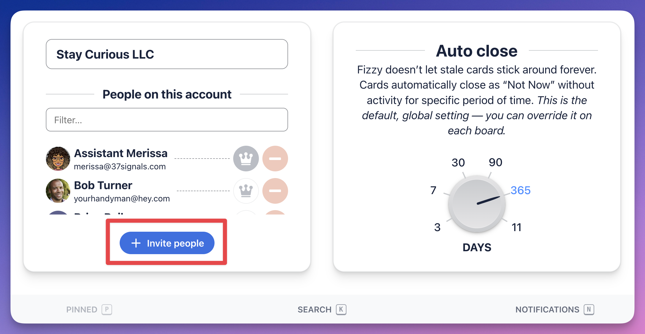 Screenshot of a Fizzy account settings page from the non-admin view with the Invite people button outlined in red.