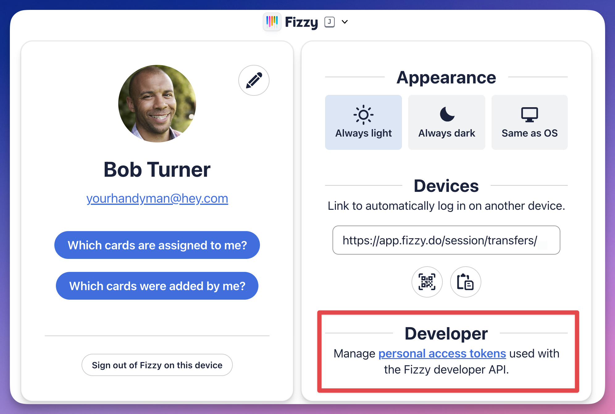Screenshot of a user's My profile page with a red outline around the developer section.