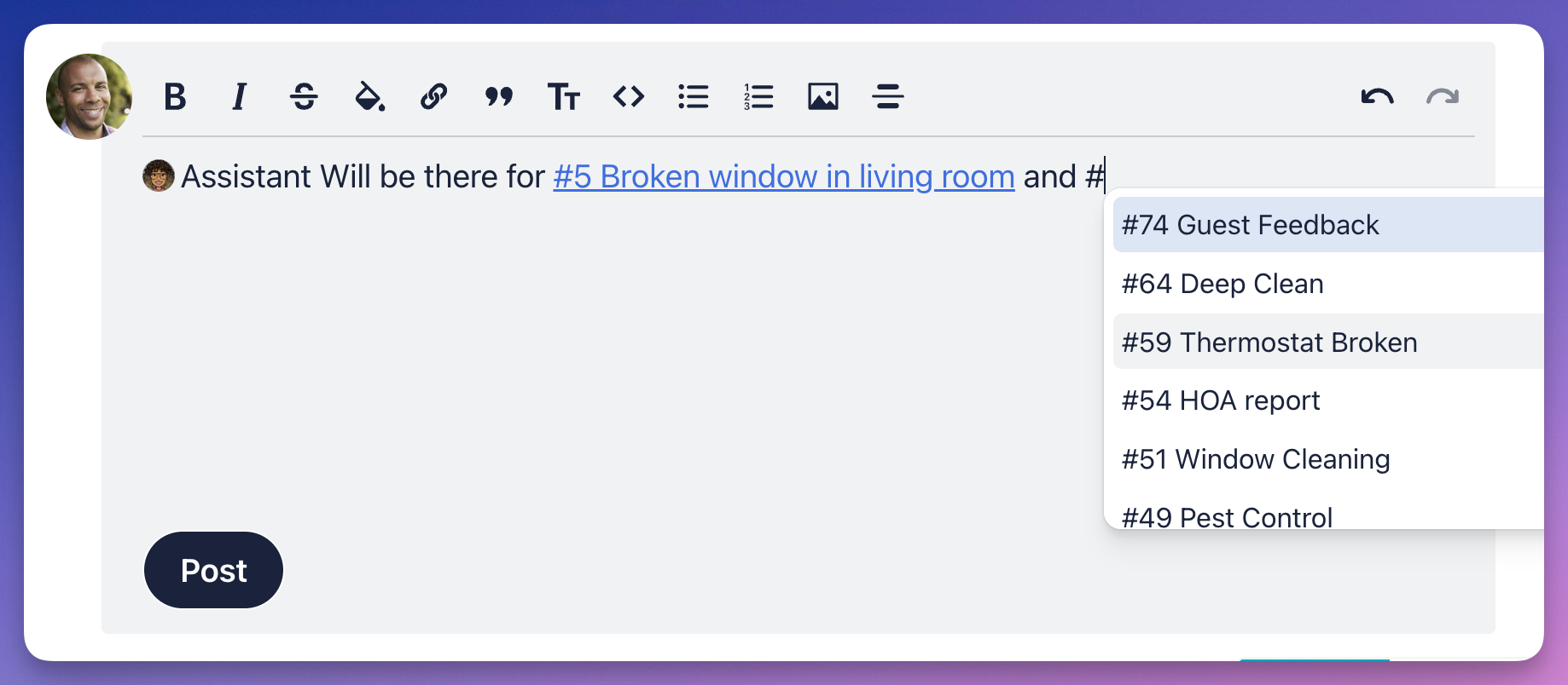 Screenshot of a card comment with one card mentioned and the card option menu opened