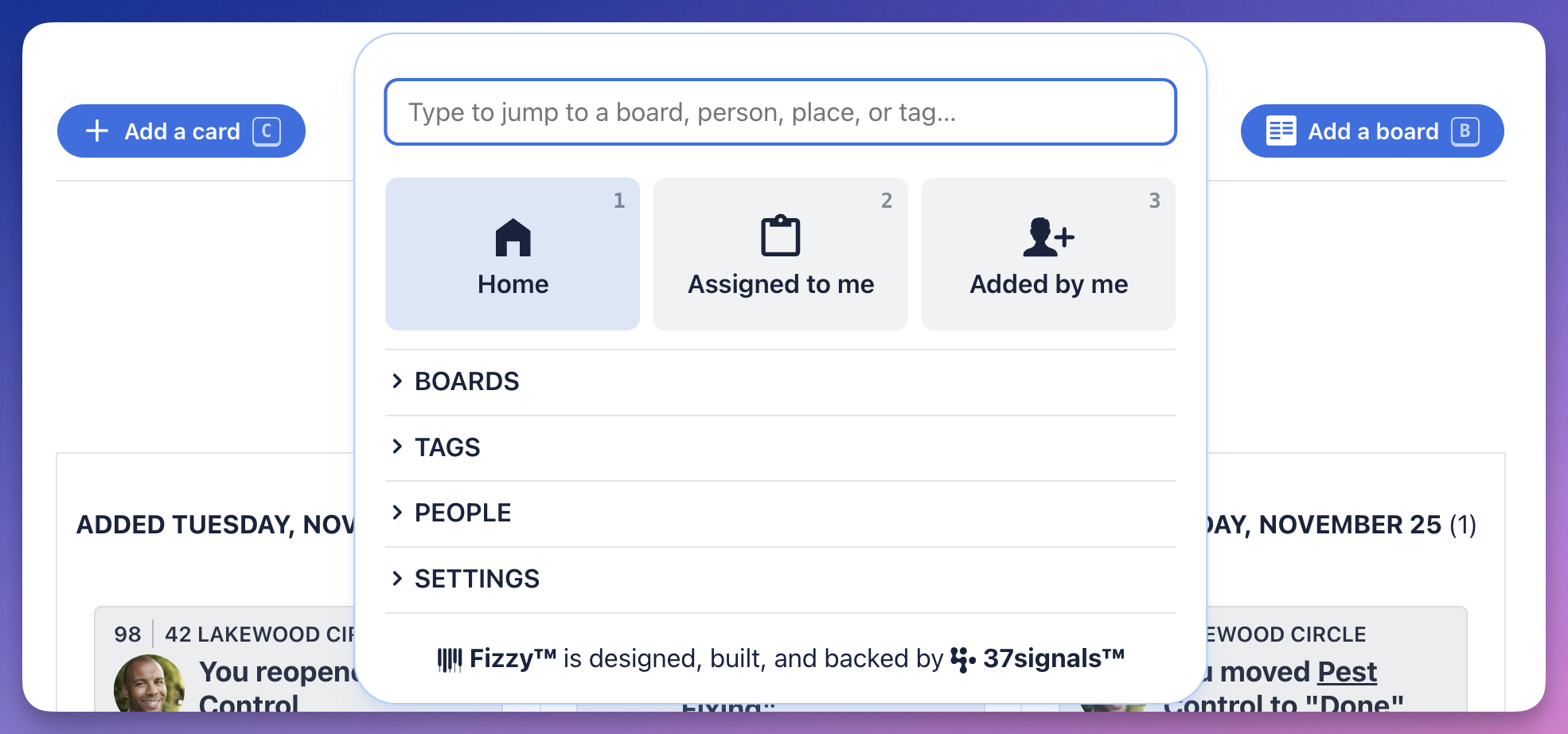 Screenshot of an open Fizzy menu.