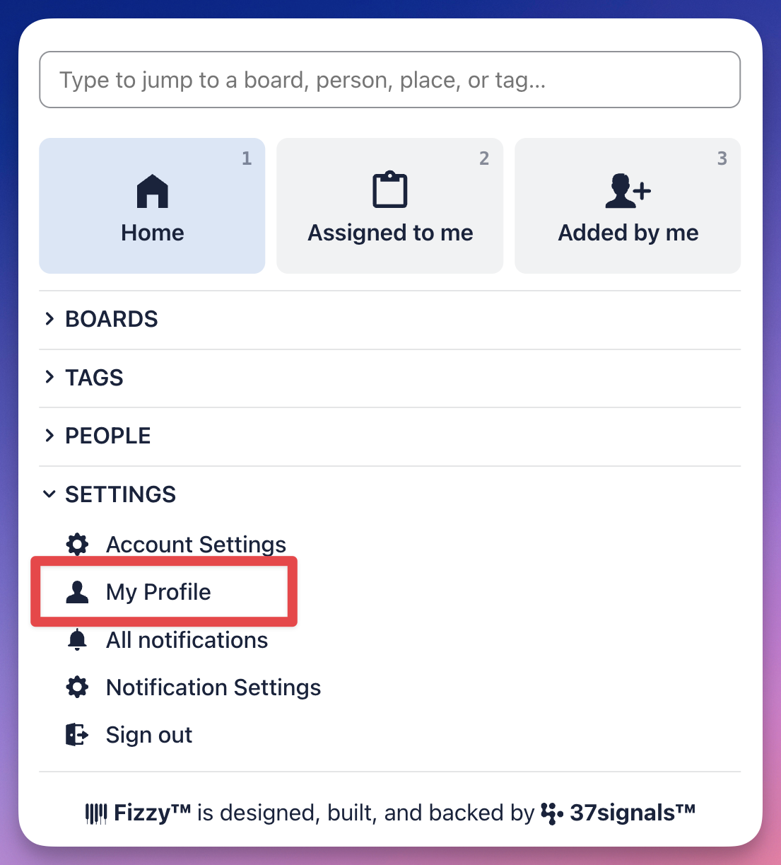 Screenshot of an opened Fizzy menu with the My Profile option outlined in red.