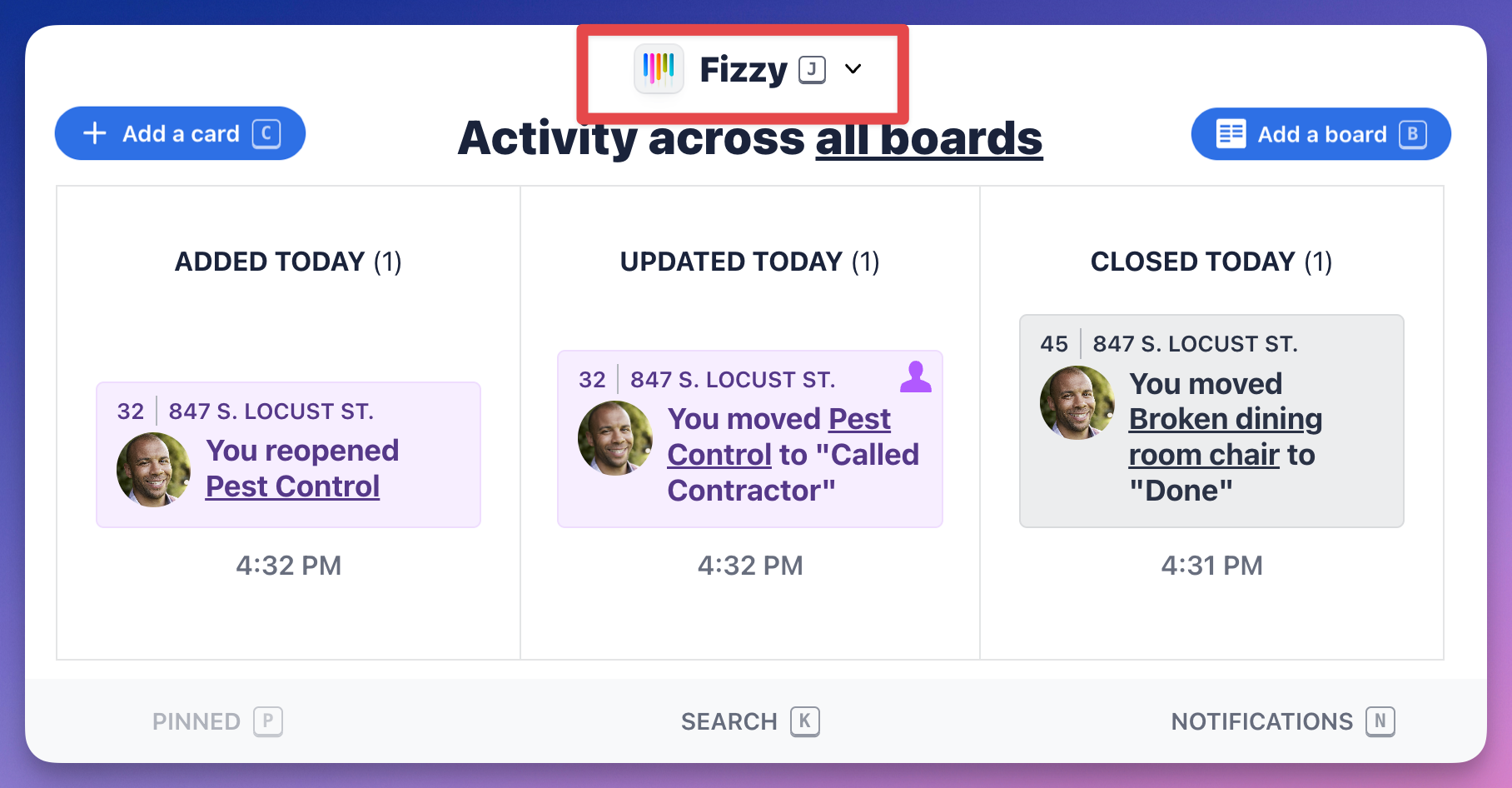 Screenshot of a user's activity. The Fizzy menu option at the top is outlined in red.