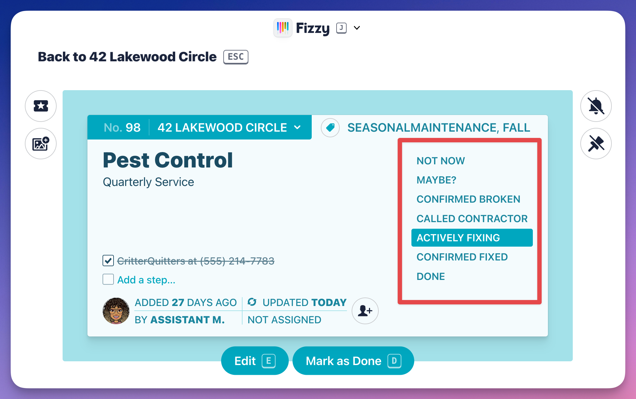 Screenshot of a Fizzy card with the column options outlined in red.