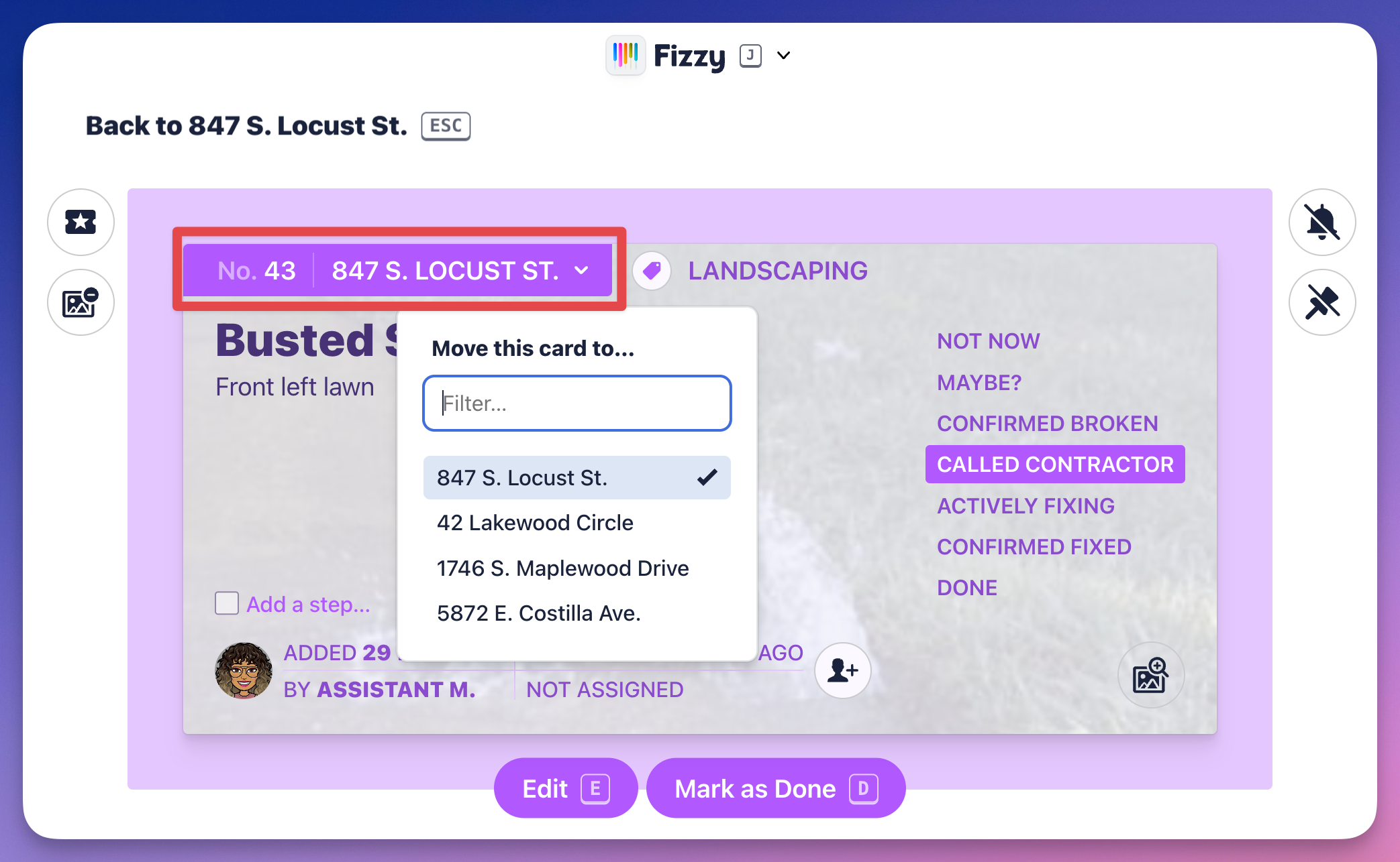 Screenshot of a Fizzy card with the card's board banner outlined in red. The Move this card to... drop-down menu is opened showing all available boards to the user.