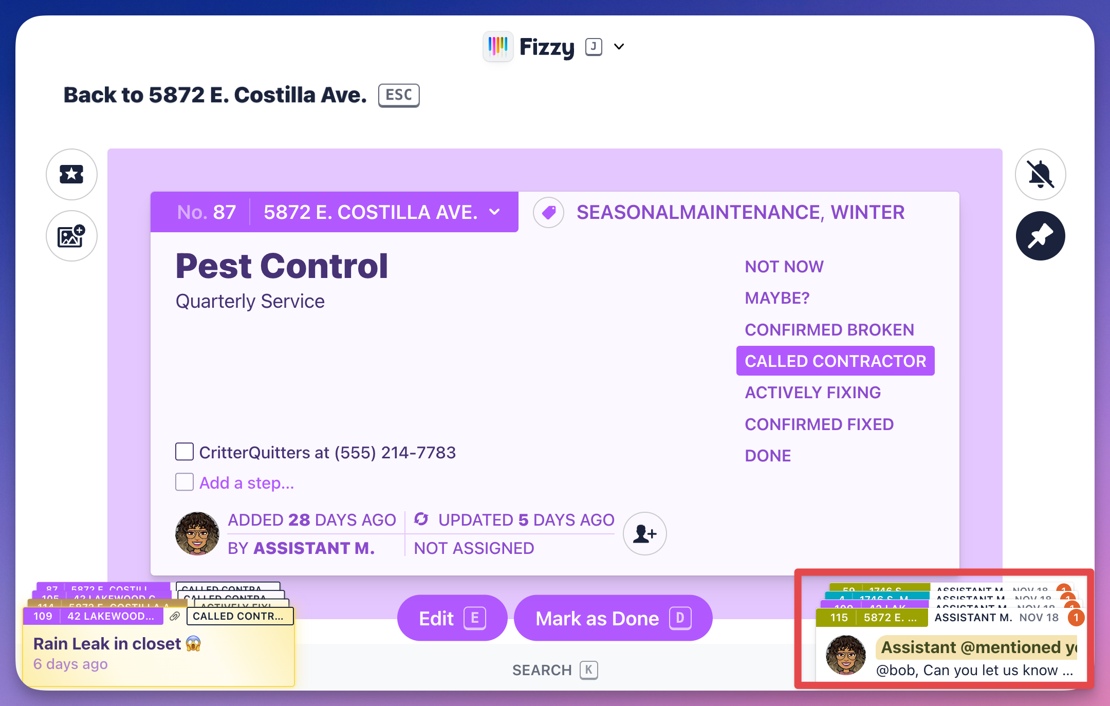 Screenshot of a Fizzy card. The collapsed notification stack located on the bottom-right is outlined in red.