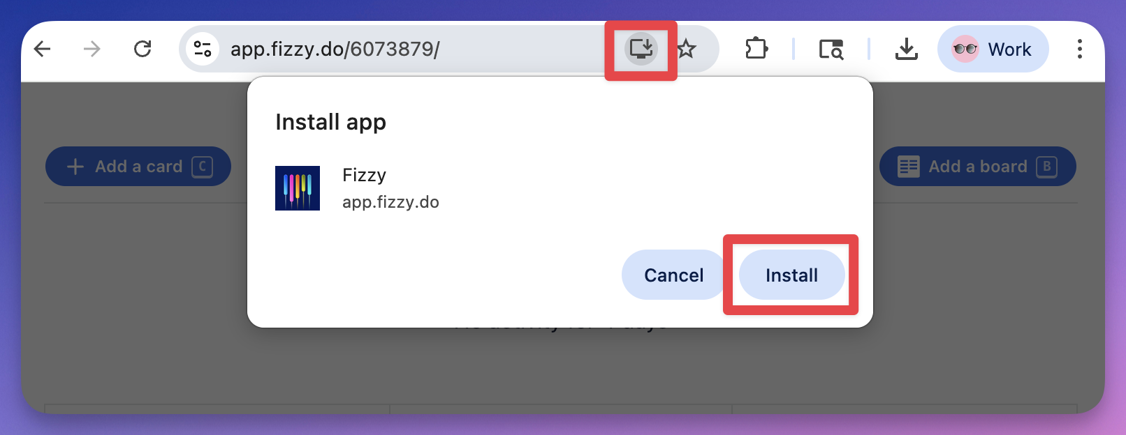 Screenshot of a Chrome Browser with the Installation icon and Install button outlined in red.