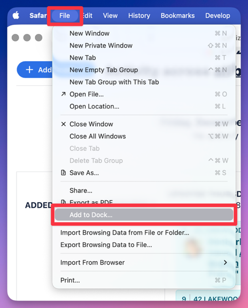 Screenshot of a Safari Browser with the File menu opened and the Add to Dock option is outlined in red.
