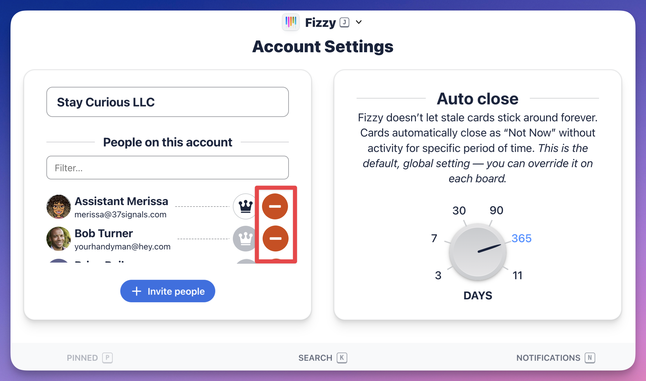 Screenshot of a Fizzy account settings page from the admin view with the remove icons outlined in red.