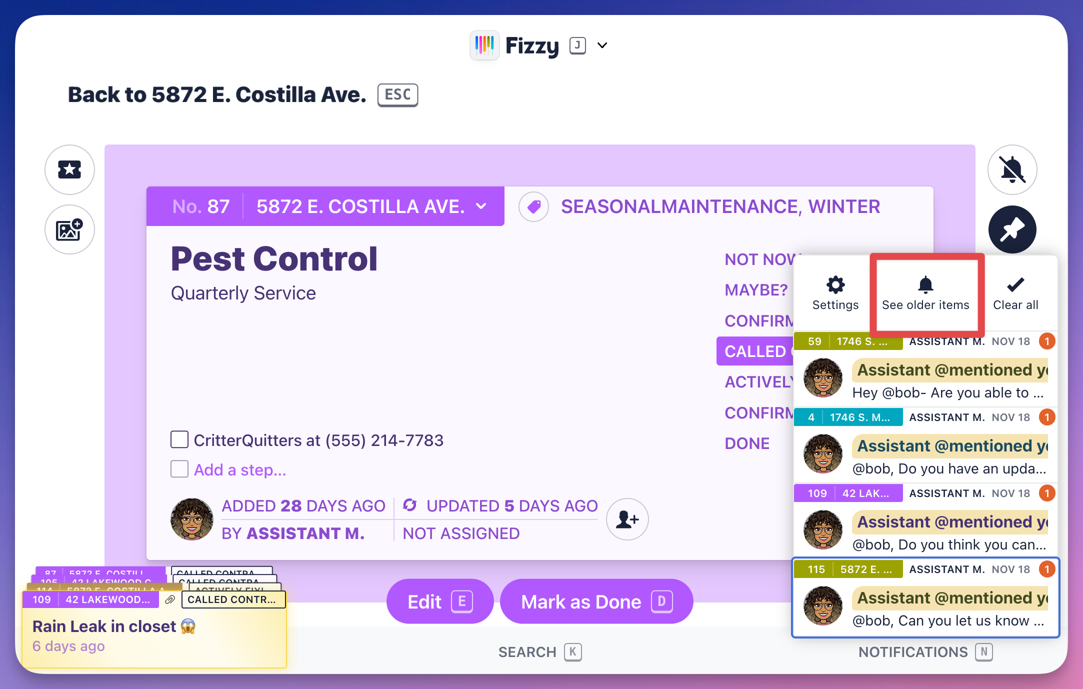 Screenshot of a Fizzy card. The See older items option in the expanded notification stack is outlined in red.