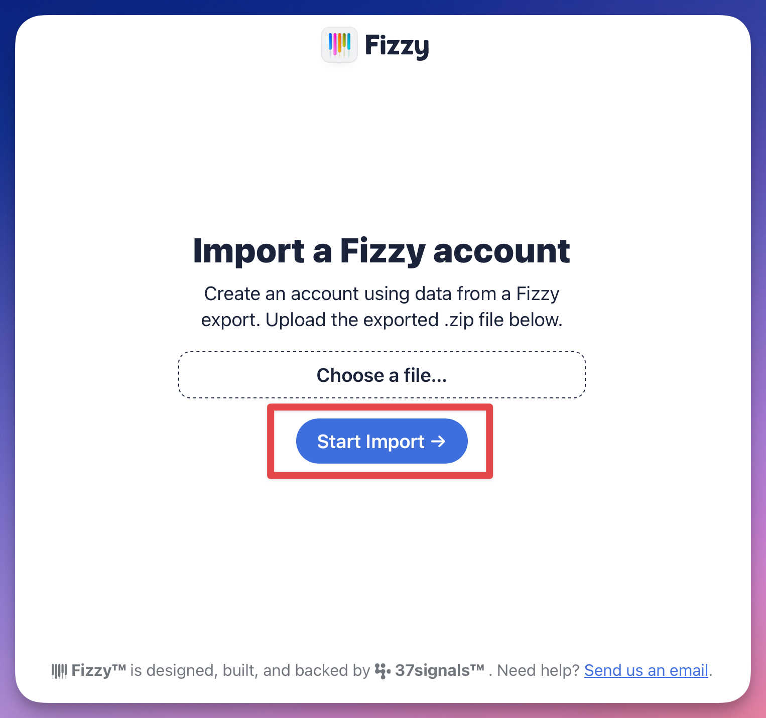 Start import button outlined in red.
